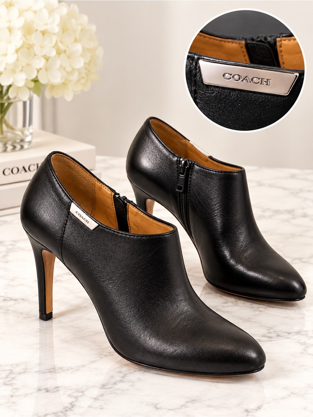 Coach Seneca Glazed Leather Stiletto Booties Black 7.5B